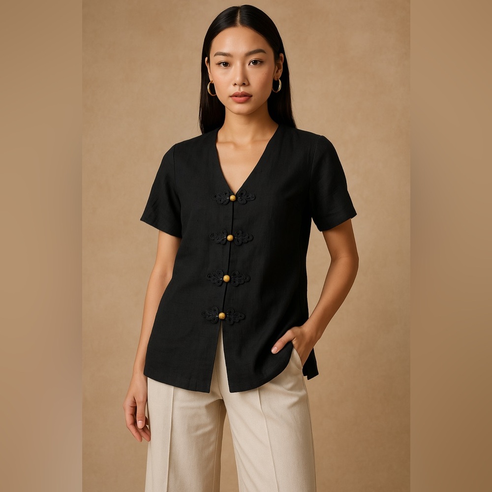 Handmade Raw Silk Long Button Up Black Blouse from Thailand